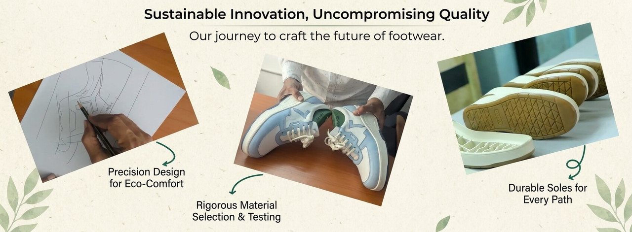 Coreve's design process: a hand-drawn sketch, hands-on material and leather selection, and finished soles lined up for testing.